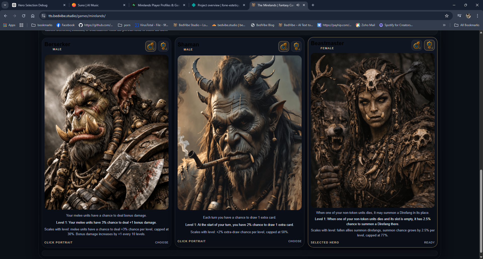 The Mirelands character selection screen
