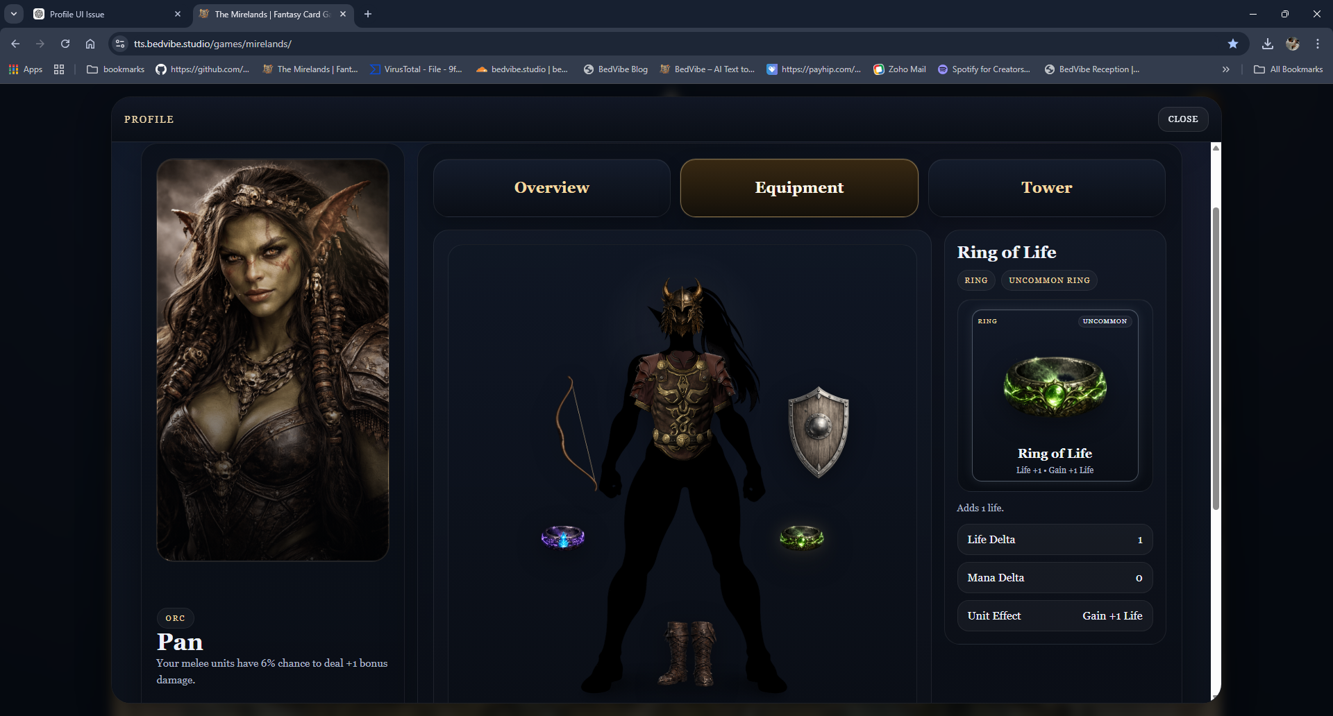 The Mirelands inventory and profile screen