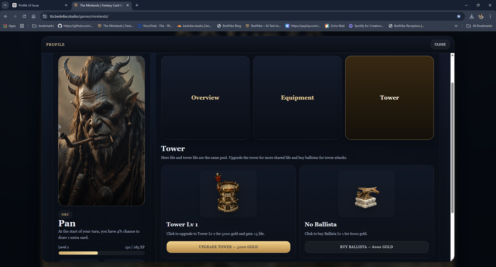 The Mirelands tower ballista upgrade screen