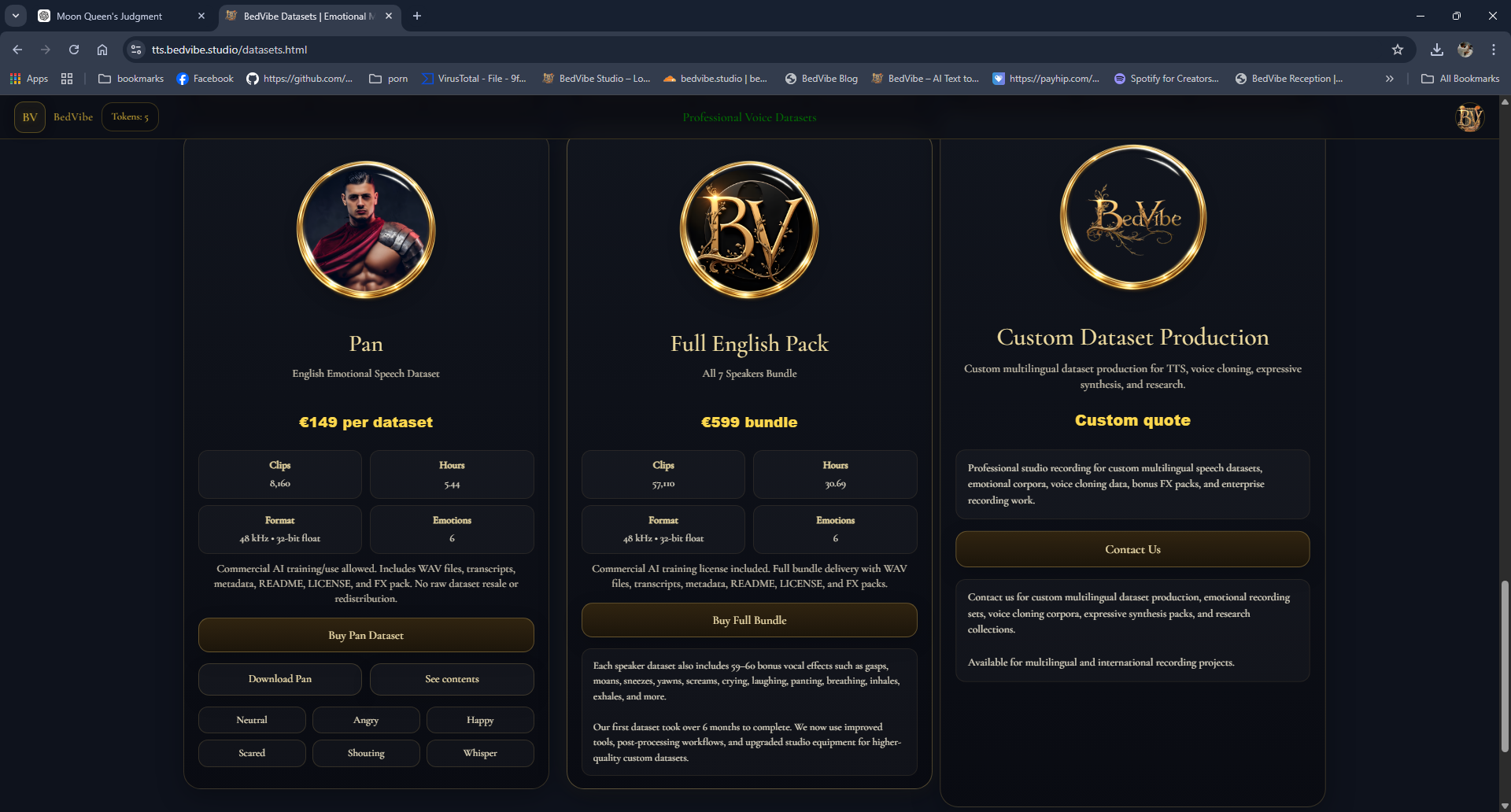 Datasets page screenshot