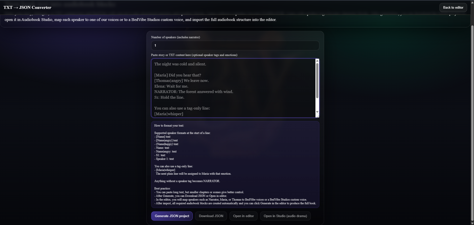 BedVibe Story Parser interface converting tagged story text into structured narrator and speaker blocks