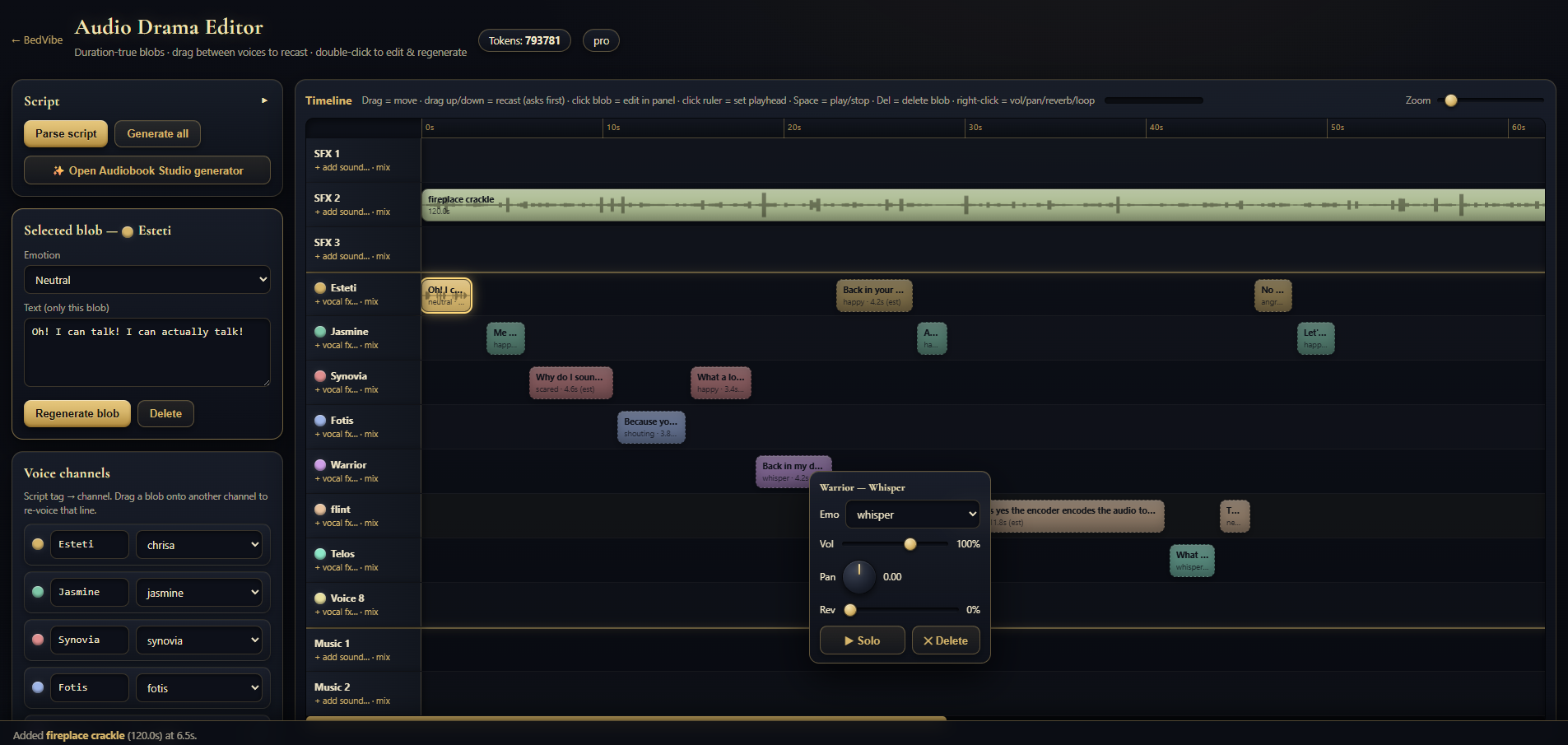 Audio Drama Studio — browser multitrack timeline with voice channels, SFX and music lanes