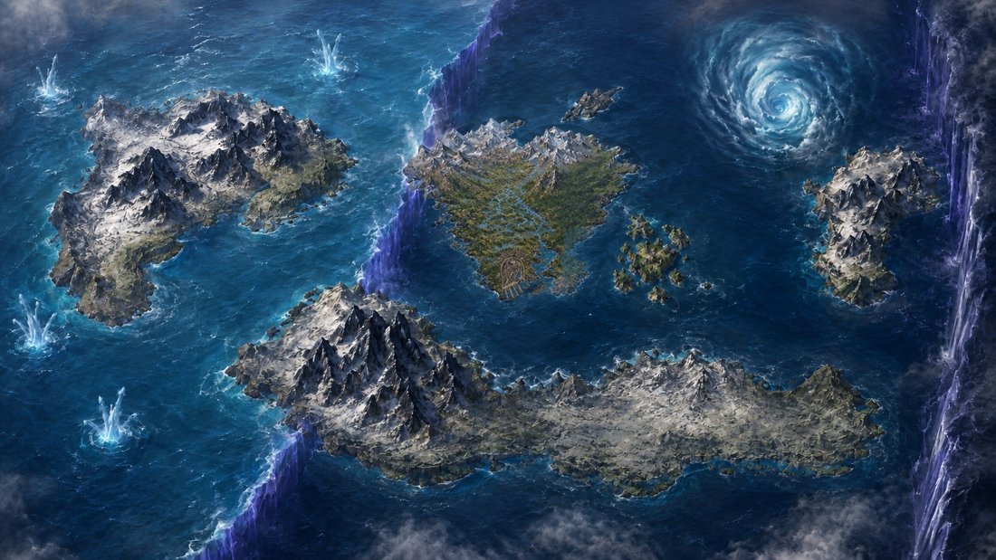 A map of the world of Kthonia, showing its seas, continents and the seam between its two worlds